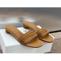 Best Product Dior Dway Heeled Slides Sandal 3cm in Calfskin and Embroidered Cotton with Pearls Brown 0220076