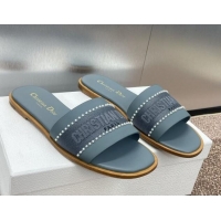 Shop Cheap Dior Dway Flat Slides Sandal in Calfskin and Embroidered Cotton with Pearls Blue 0220078