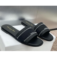 Unique Style Dior Dway Flat Slides Sandal in Calfskin and Embroidered Cotton with Pearls Black 0220077