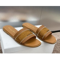 Good Looking Dior Dway Flat Slides Sandal in Calfskin and Embroidered Cotton with Pearls Brown 0220079