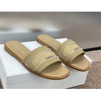 Best Price Dior Dway Flat Slides Sandal in Calfskin and Embroidered Cotton with Pearls Beige 0220081