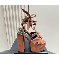 Luxury Cheap Saint Laurent Laced-up Platform Sandals 14cm in Suede Brown 1226062