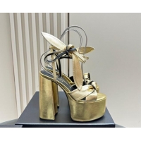 Pretty Style Saint Laurent Laced-up Platform Sandals 14cm in Calfskin Leather Gold 1226066