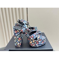 Best Product Saint Laurent Bianca Platform Sandals 12.5cm in Heart Print Suede Blue 1226069