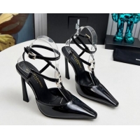 Popular Style Saint Laurent Slingback Pumps 11cm in Patent Leather with Strass Buckle Strap Black 1226087