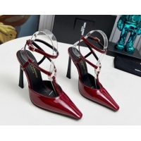 Crafted Saint Laurent Slingback Pumps 11cm in Patent Leather with Strass Buckle Strap Burgundy 1226088