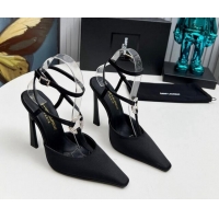 Sumptuous Saint Laurent Slingback Pumps 11cm in Satin with Strass Buckle Strap Black 1226091