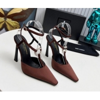 Pretty Style Saint Laurent Slingback Pumps 11cm in Satin with Strass Buckle Strap Brown 1226092