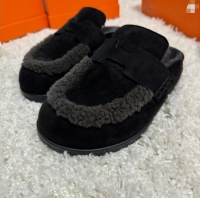 Top Grade Hermes Go Mule In Suede Goatskin With Shearling H8741 Black