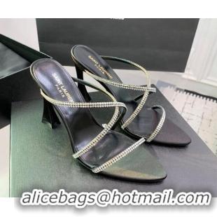 Grade Quality Saint Laurent Satin High Heel Slides Sandal 10.5cm with Strass Cross Strap Black 1226108