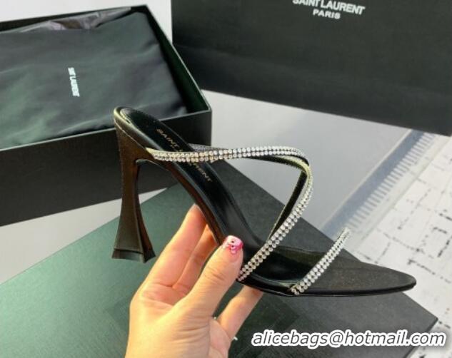 Grade Quality Saint Laurent Satin High Heel Slides Sandal 10.5cm with Strass Cross Strap Black 1226108