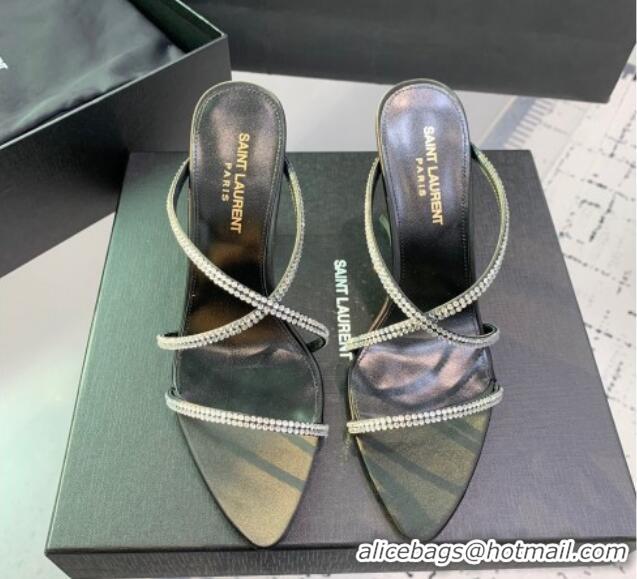 Grade Quality Saint Laurent Satin High Heel Slides Sandal 10.5cm with Strass Cross Strap Black 1226108