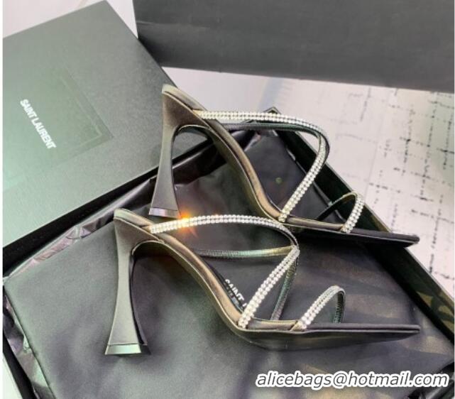 Grade Quality Saint Laurent Satin High Heel Slides Sandal 10.5cm with Strass Cross Strap Black 1226108