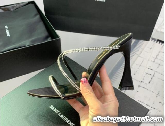 Grade Quality Saint Laurent Satin High Heel Slides Sandal 10.5cm with Strass Cross Strap Black 1226108