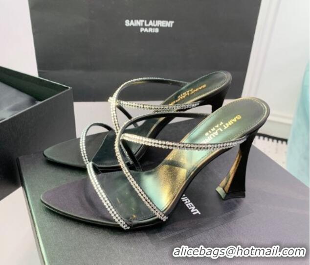 Grade Quality Saint Laurent Satin High Heel Slides Sandal 10.5cm with Strass Cross Strap Black 1226108