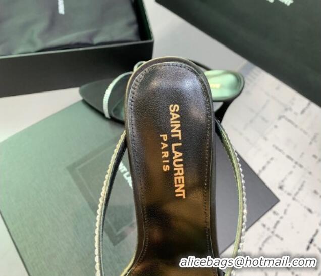 Grade Quality Saint Laurent Satin High Heel Slides Sandal 10.5cm with Strass Cross Strap Black 1226108