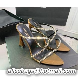 Top Design Saint Laurent Satin High Heel Slides Sandal 10.5cm with Strass Cross Strap Gold 1226109