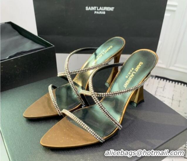 Top Design Saint Laurent Satin High Heel Slides Sandal 10.5cm with Strass Cross Strap Gold 1226109