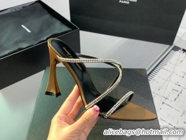 Top Design Saint Laurent Satin High Heel Slides Sandal 10.5cm with Strass Cross Strap Gold 1226109