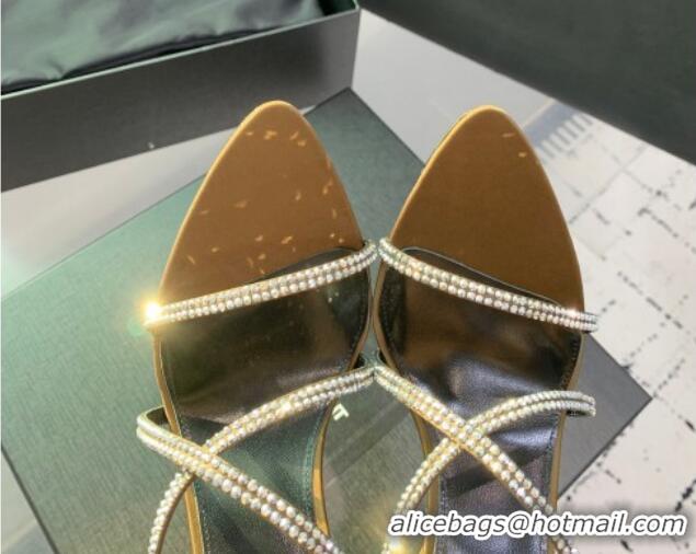 Top Design Saint Laurent Satin High Heel Slides Sandal 10.5cm with Strass Cross Strap Gold 1226109