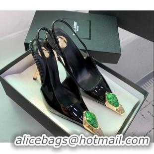 Hot Style Saint Laurent Patent Leather High Heel Slingback Pumps 10.5cm with Jewel Stones Black/Green 1226110