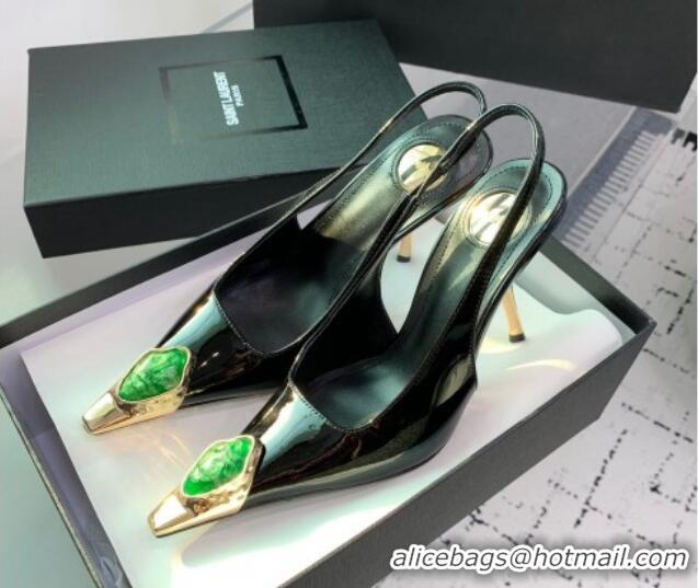 Hot Style Saint Laurent Patent Leather High Heel Slingback Pumps 10.5cm with Jewel Stones Black/Green 1226110