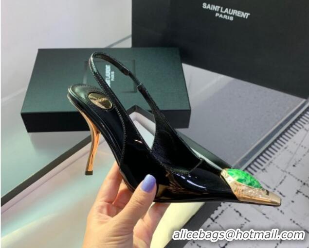 Hot Style Saint Laurent Patent Leather High Heel Slingback Pumps 10.5cm with Jewel Stones Black/Green 1226110