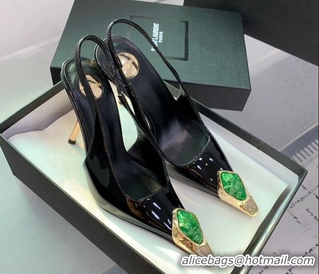 Hot Style Saint Laurent Patent Leather High Heel Slingback Pumps 10.5cm with Jewel Stones Black/Green 1226110