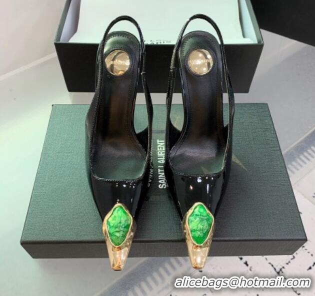 Hot Style Saint Laurent Patent Leather High Heel Slingback Pumps 10.5cm with Jewel Stones Black/Green 1226110