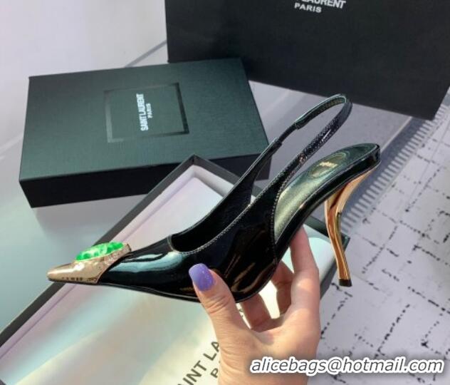 Hot Style Saint Laurent Patent Leather High Heel Slingback Pumps 10.5cm with Jewel Stones Black/Green 1226110