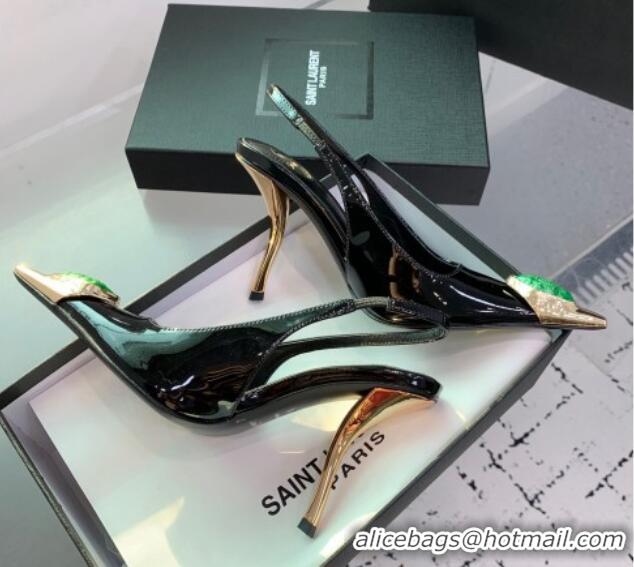 Hot Style Saint Laurent Patent Leather High Heel Slingback Pumps 10.5cm with Jewel Stones Black/Green 1226110