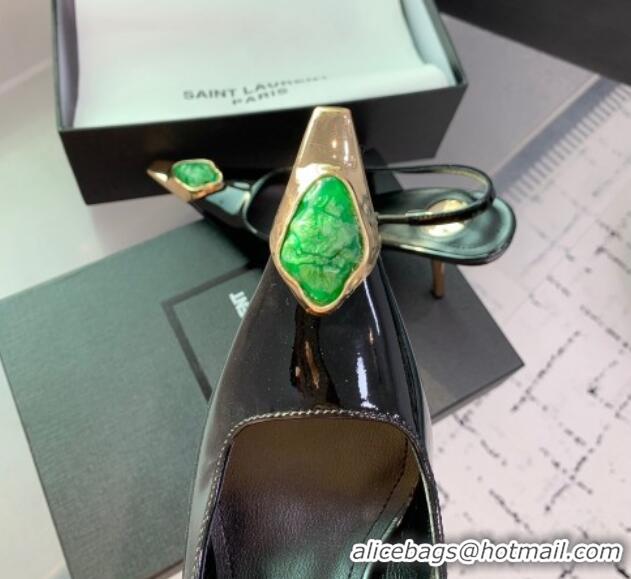 Hot Style Saint Laurent Patent Leather High Heel Slingback Pumps 10.5cm with Jewel Stones Black/Green 1226110