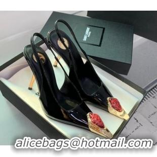 Sumptuous Saint Laurent Patent Leather High Heel Slingback Pumps 10.5cm with Jewel Stones Black/Red 1226111