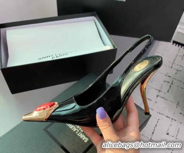 Sumptuous Saint Laurent Patent Leather High Heel Slingback Pumps 10.5cm with Jewel Stones Black/Red 1226111