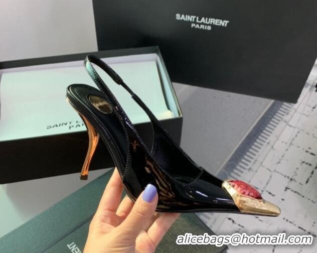 Sumptuous Saint Laurent Patent Leather High Heel Slingback Pumps 10.5cm with Jewel Stones Black/Red 1226111