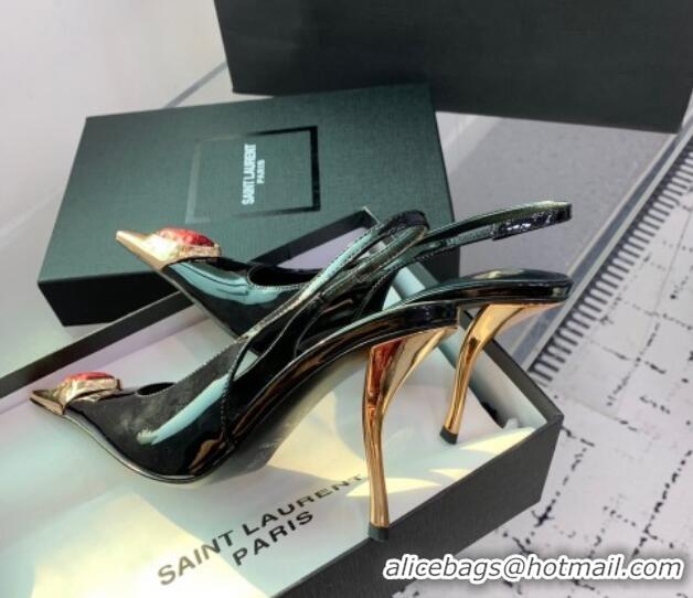 Sumptuous Saint Laurent Patent Leather High Heel Slingback Pumps 10.5cm with Jewel Stones Black/Red 1226111