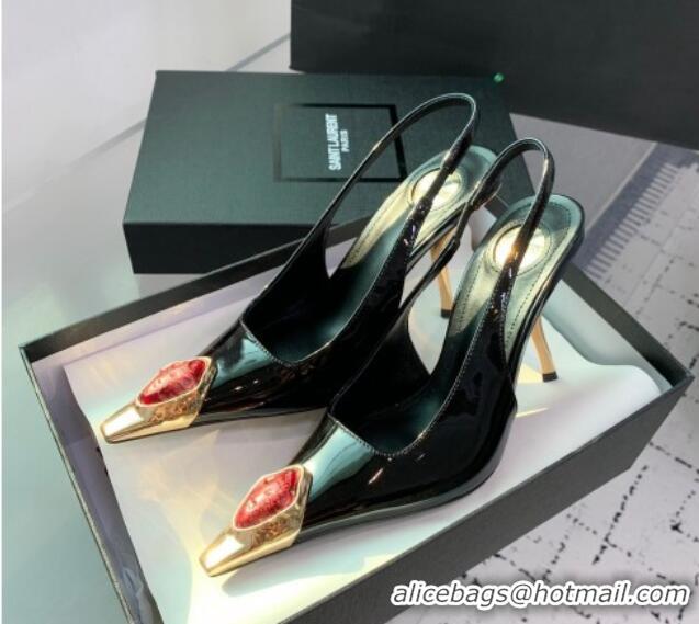 Sumptuous Saint Laurent Patent Leather High Heel Slingback Pumps 10.5cm with Jewel Stones Black/Red 1226111