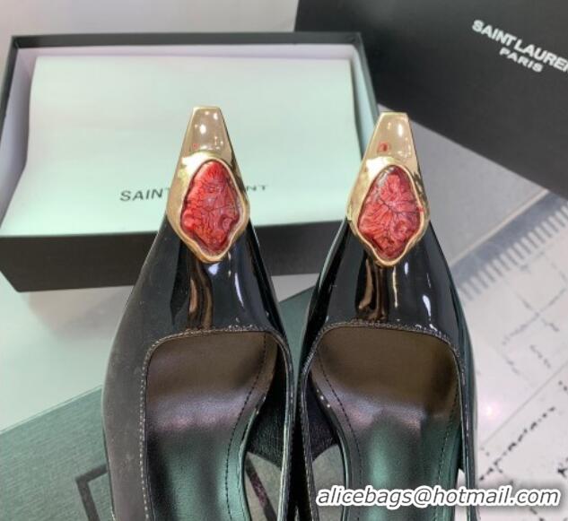 Sumptuous Saint Laurent Patent Leather High Heel Slingback Pumps 10.5cm with Jewel Stones Black/Red 1226111