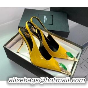 Charming Saint Laurent Patent Leather High Heel Slingback Pumps 10.5cm with Jewel Stones Yellow 1226112