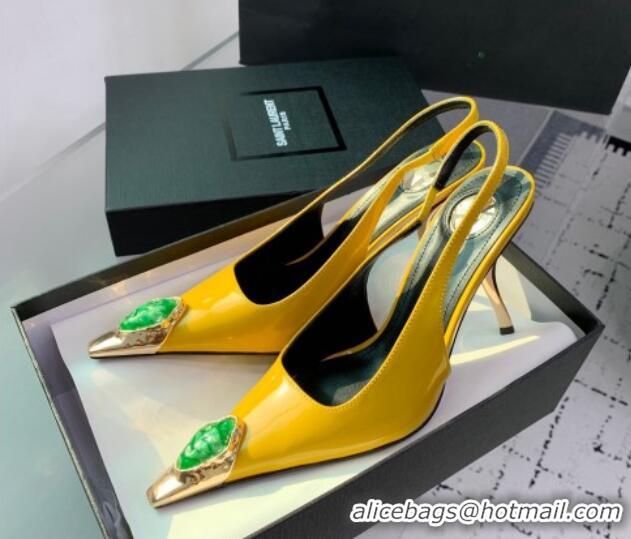 Charming Saint Laurent Patent Leather High Heel Slingback Pumps 10.5cm with Jewel Stones Yellow 1226112