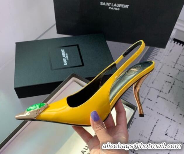 Charming Saint Laurent Patent Leather High Heel Slingback Pumps 10.5cm with Jewel Stones Yellow 1226112