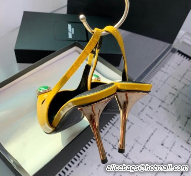 Charming Saint Laurent Patent Leather High Heel Slingback Pumps 10.5cm with Jewel Stones Yellow 1226112