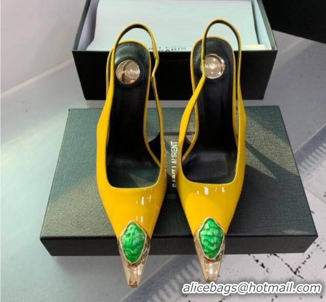 Charming Saint Laurent Patent Leather High Heel Slingback Pumps 10.5cm with Jewel Stones Yellow 1226112