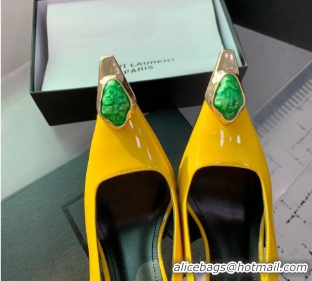 Charming Saint Laurent Patent Leather High Heel Slingback Pumps 10.5cm with Jewel Stones Yellow 1226112