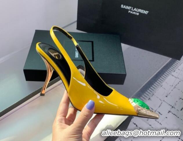 Charming Saint Laurent Patent Leather High Heel Slingback Pumps 10.5cm with Jewel Stones Yellow 1226112