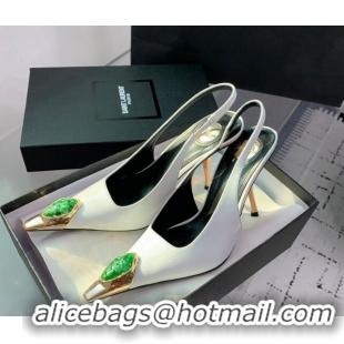 Good Product Saint Laurent Patent Leather High Heel Slingback Pumps 10.5cm with Jewel Stones White 1226113