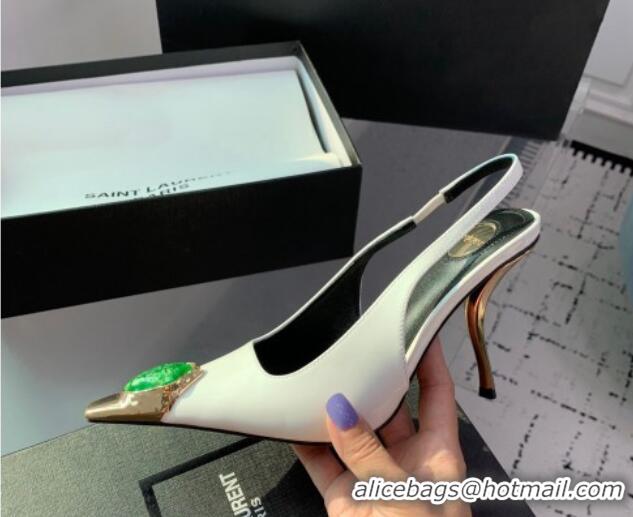 Good Product Saint Laurent Patent Leather High Heel Slingback Pumps 10.5cm with Jewel Stones White 1226113