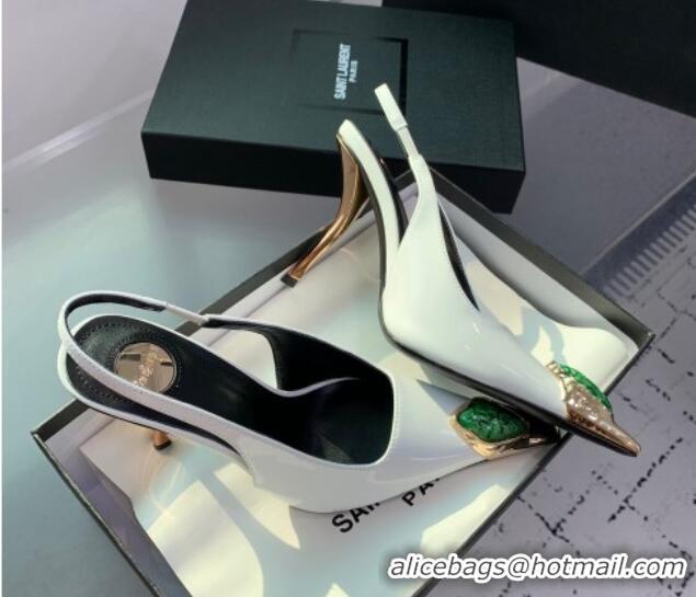 Good Product Saint Laurent Patent Leather High Heel Slingback Pumps 10.5cm with Jewel Stones White 1226113