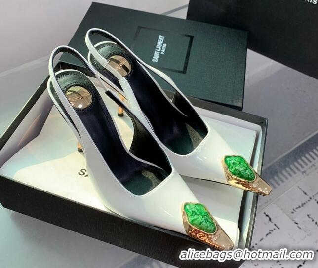 Good Product Saint Laurent Patent Leather High Heel Slingback Pumps 10.5cm with Jewel Stones White 1226113