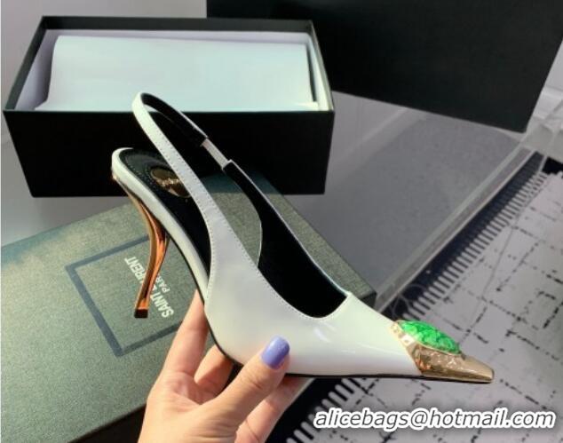 Good Product Saint Laurent Patent Leather High Heel Slingback Pumps 10.5cm with Jewel Stones White 1226113